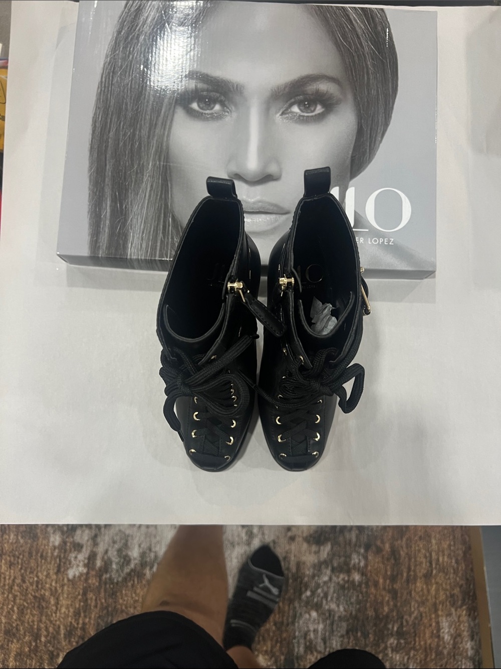 Jennifer Lopez Black Lace-Up Wedge Booties with Gold Hardware